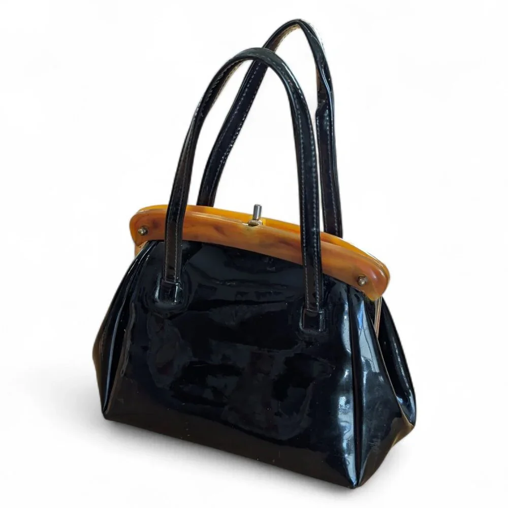 Vintage 1950s/60s Black Patent Leather Handbag with Lucite Handle - Picture 1 of 8